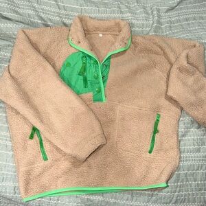 Tan Fleece Pullover with Green Accents